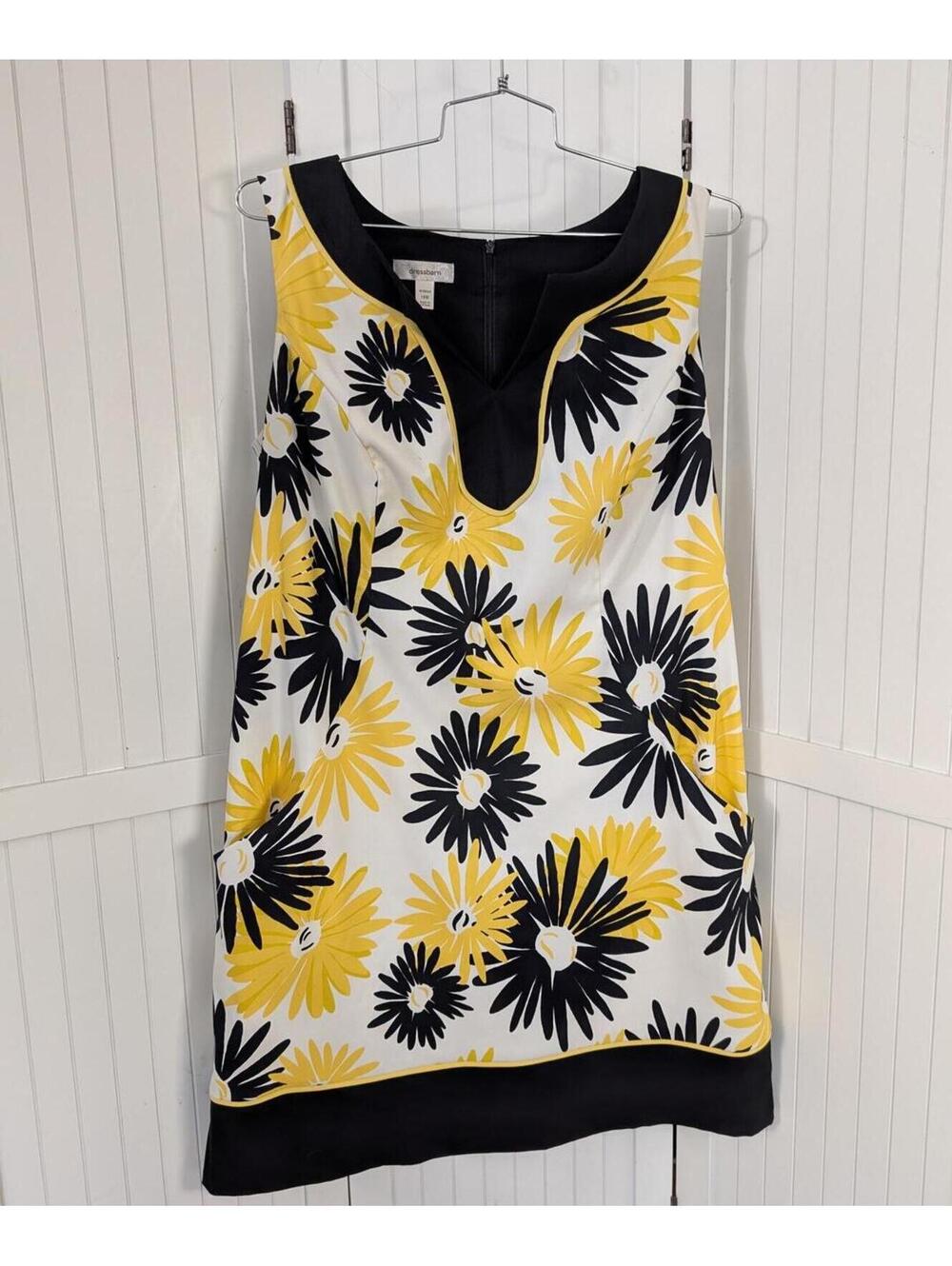 Dressbarn 16W Floral Shift Dress Yellow Black White Sleeveless Knee Length